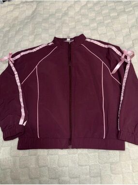 Kids' Burgundy Bomber Jacket with Pink Ribbon Trim